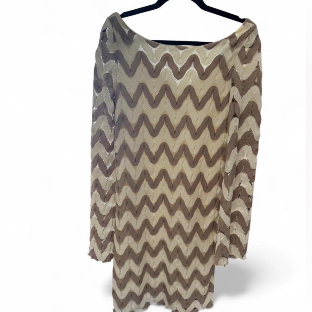 Judith March Bell Sleeve Dress Cream and Brown Chevron Knit Medium